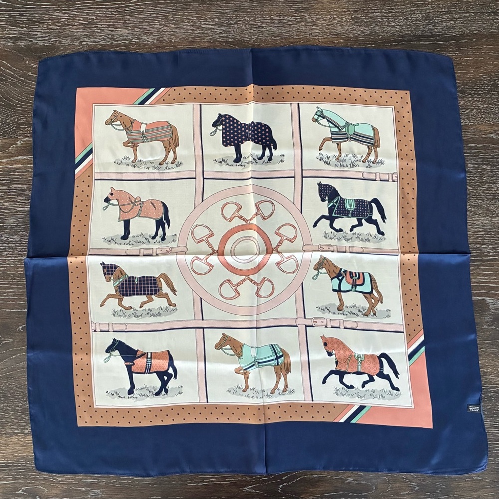 Navy and Coral Horse Print Silk Scarf